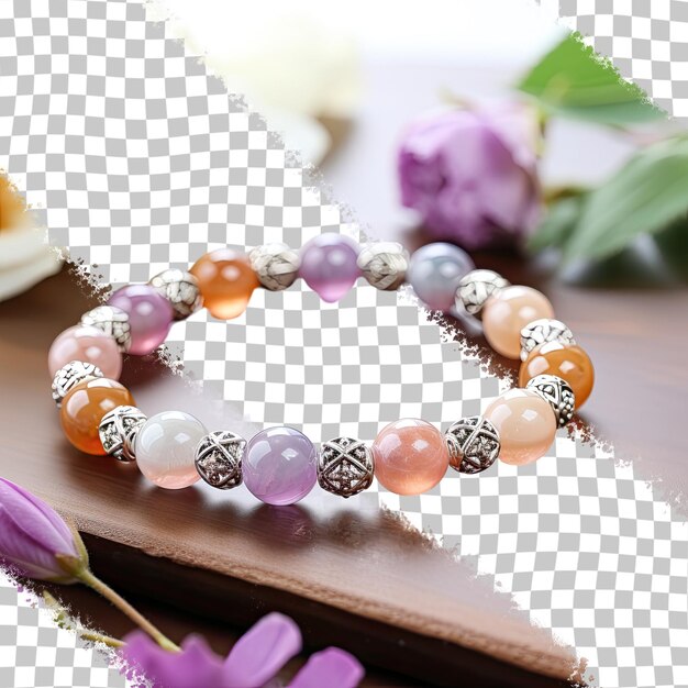 Gemstone beads on silver bracelet for women transparent background