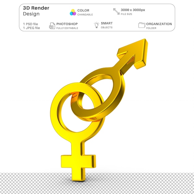 Икона пола Мужчина и женщина Золотое 3D-моделирование PSD Файл Реалистичная человеческая анатомия