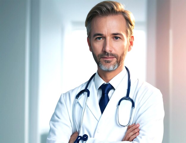 General practitioner with stethoscope over the shoulders holding the digital tab and looking at came