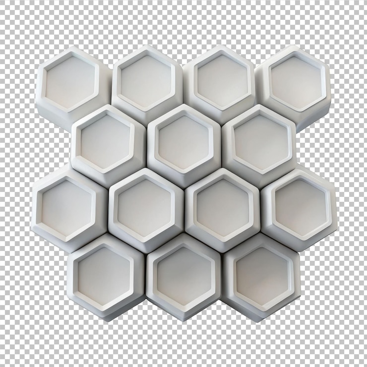 PSD geometric arrangement of white hexagonal cells isolated on transparent background