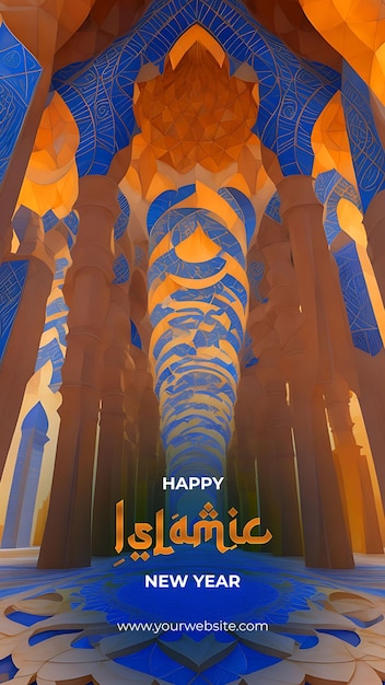 PSD イスラムの新年のお祭り気分を共有するモスクのイラストの幾何学的な芸術的ビジョン