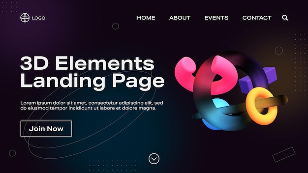 PSD geometric landing page template with neon style 3d rendering illustration