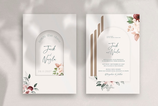 Geometric printable wedding invitations template with watercolor leaves