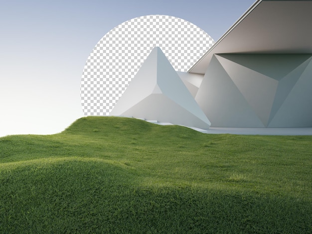 Geometric shapes structure with gray concrete building on green grass lawn floor