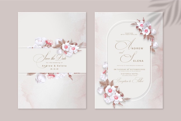 Geometric wedding invitation template with pink rose