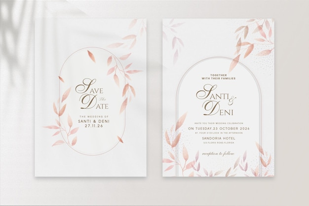 PSD geometric wedding invitation template with watercolor brown and pink flower002