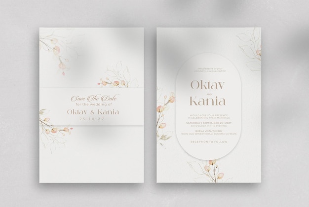 PSD geometric wedding invitation with watercolor flower