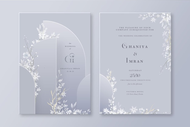Geometric Wedding Invitation with Watercolor White Flower