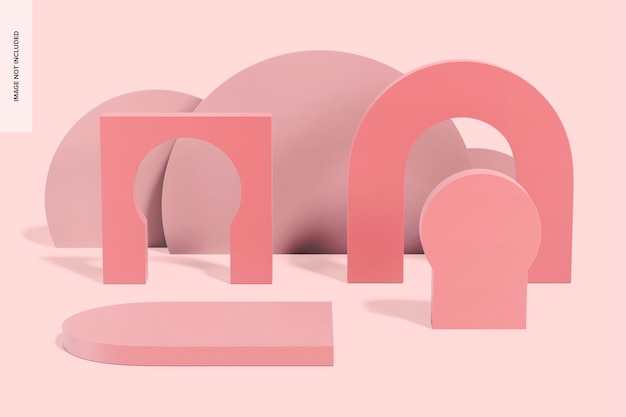 PSD geometrical pink podiums mockup, with backdrop