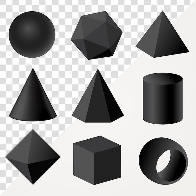 투명한 배경에 설정 된 검은색 요소로 렌더링 된 기하학적 모양 png 3D