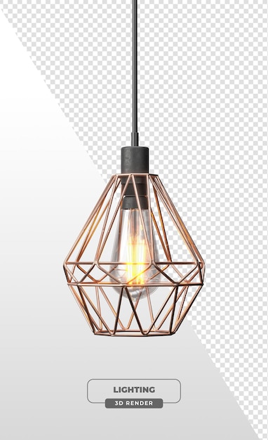 Geometrische koperen draadframe hanglamp met industriële gloeilamp in 3D-rendering