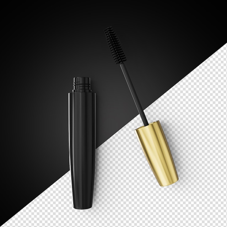 PSD geopende mascara en penseel witte achtergrond geïsoleerd close-up zwarte buis oog mascara container