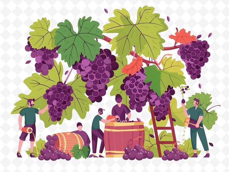 PSD georgian winemakers harvesting grapes design is rustic and e illustration cutural landscape view