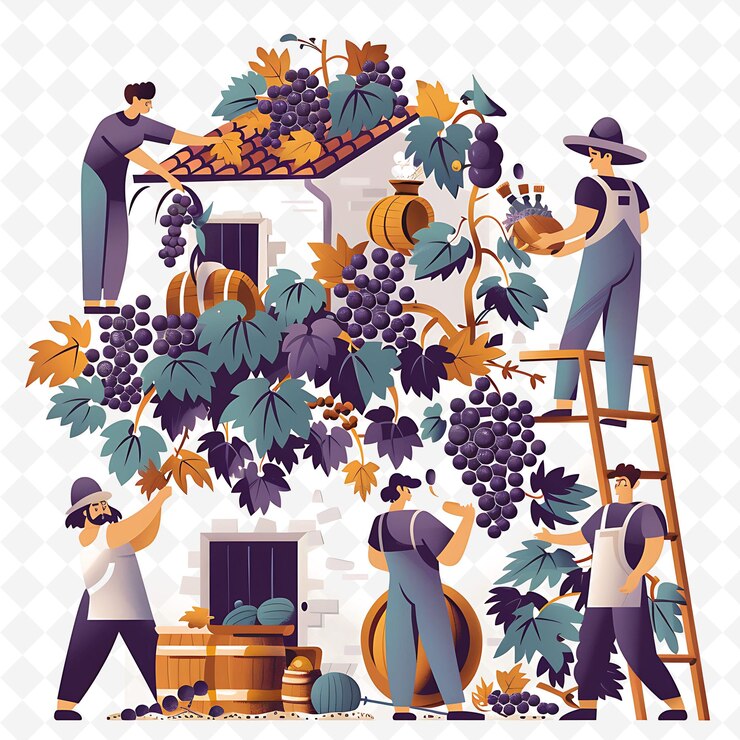 PSD georgian winemakers harvesting grapes design is rustic and e illustration cutural landscape view