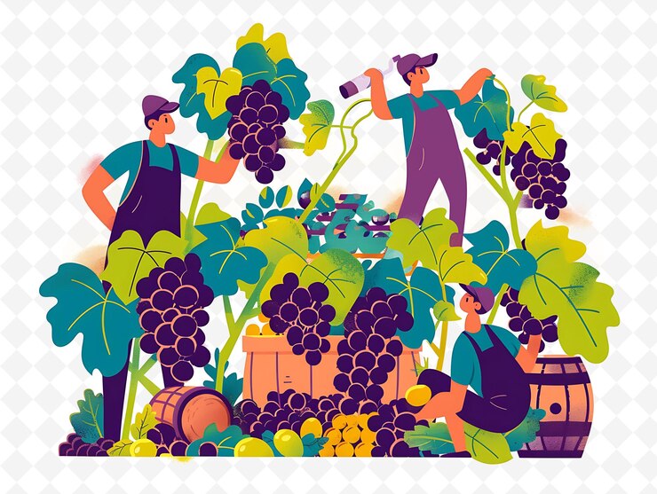 PSD georgian winemakers harvesting grapes design is rustic and e illustration cutural landscape view