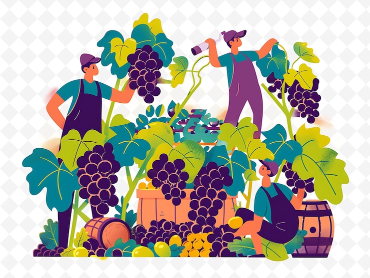 PSD georgian winemakers harvesting grapes design is rustic and e illustration cutural landscape view