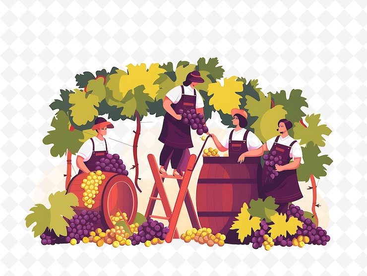 PSD georgian winemakers harvesting grapes design is rustic and e illustration cutural landscape view