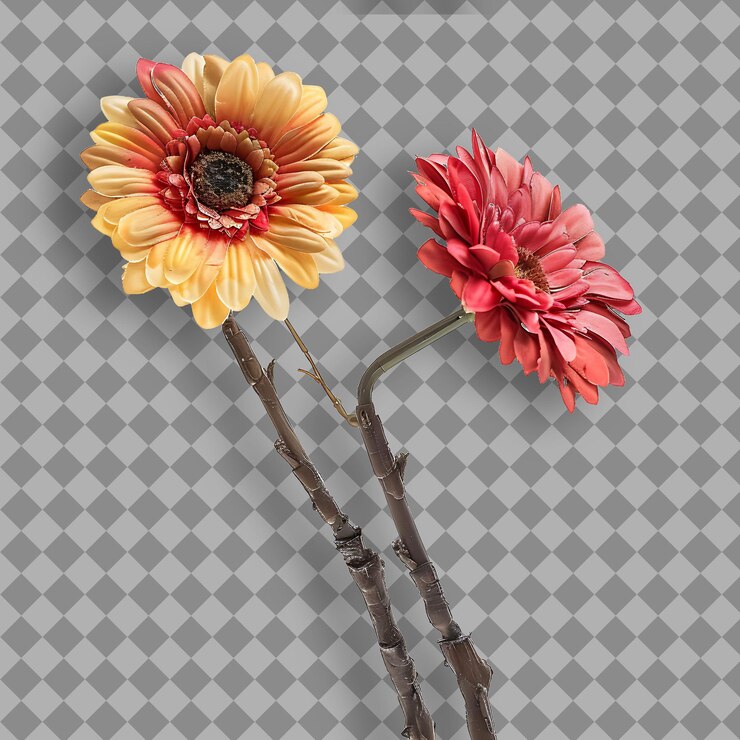 PSD gerbera with sturdy straight branch covered in large showy f isolated tree branch on clean bg