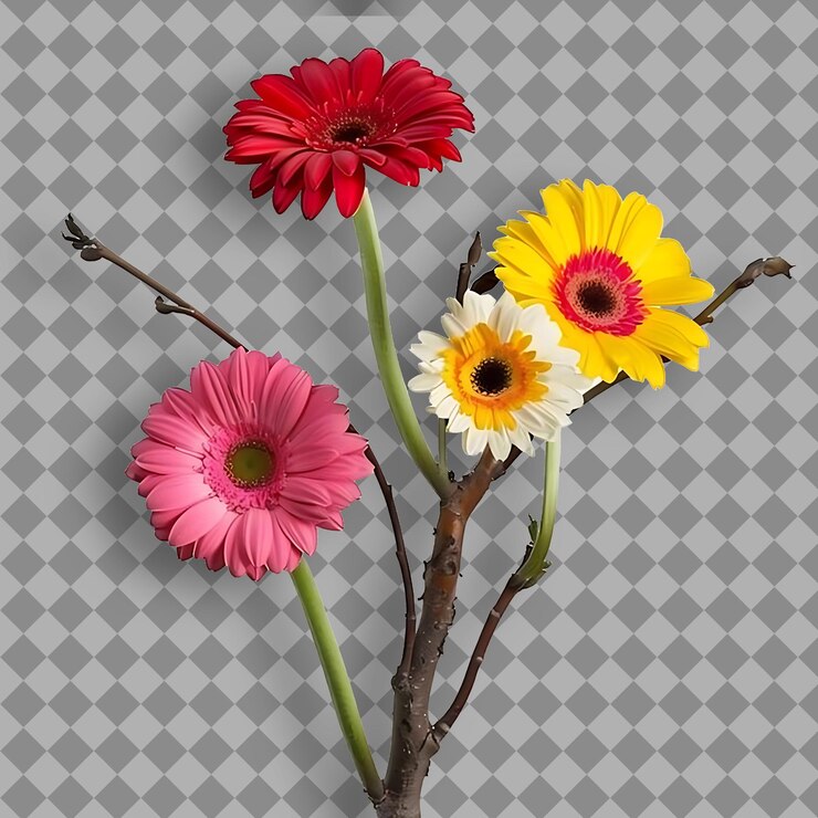 PSD gerbera with sturdy straight branch covered in large showy f isolated tree branch on clean bg