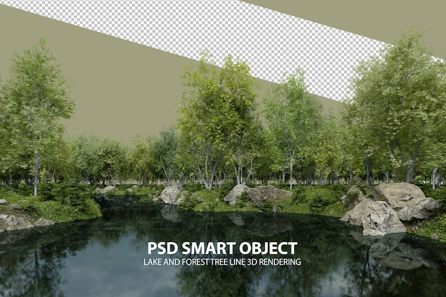 Gerçekçi göl ve orman ağaç sınırı, izole nesnelerin 3D render'ı