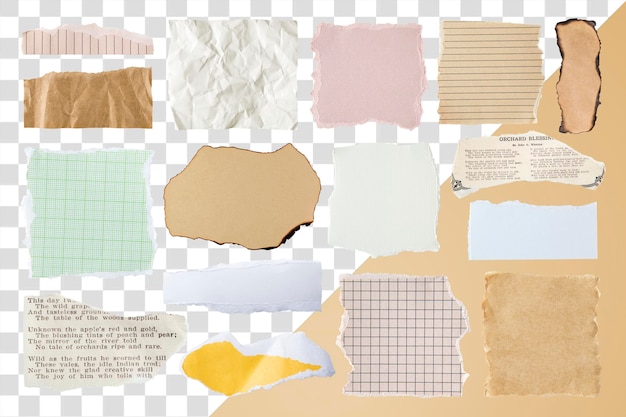 Gescheurde papier png stickers esthetische collage element set transparante achtergrond