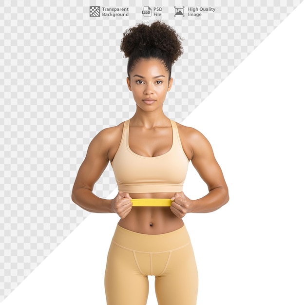 Geschikte vrouw demonstreert fitnesskleding met een gele band op een doorzichtige achtergrond
