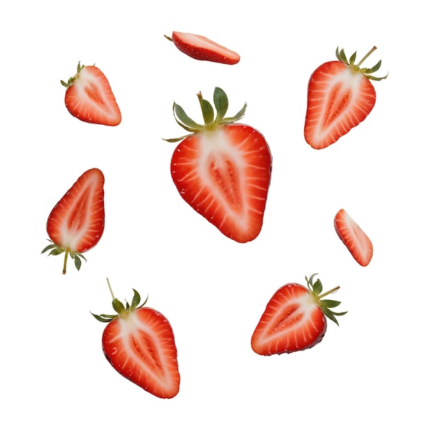 gesneden aardbeien die op een witte achtergrond zweven