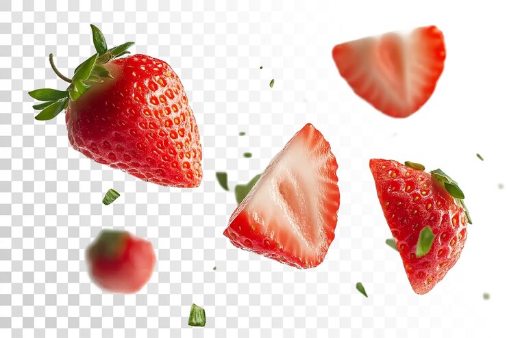 PSD gesneden aardbeien drijven in de lucht op een doorzichtige achtergrond