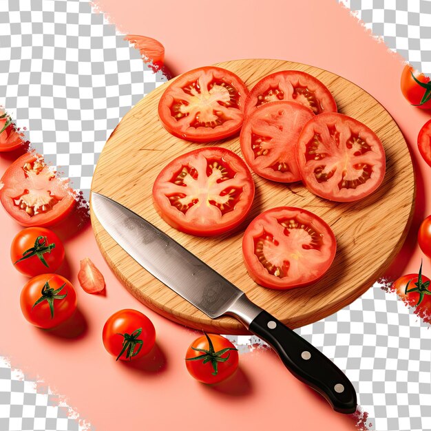 PSD gesneden tomaten op een bord met een mes geïsoleerd op transparante achtergrond