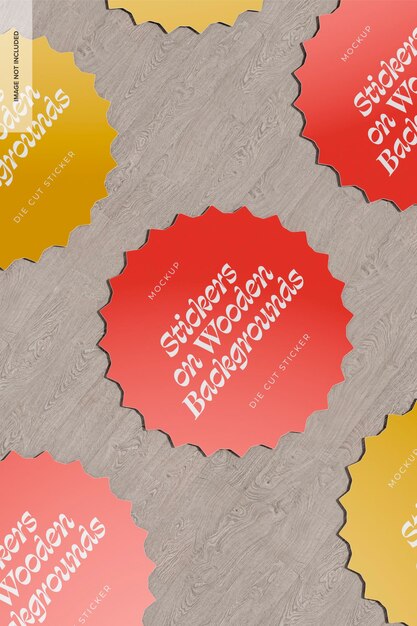 PSD gestanste stickers op houten achtergrondmodel, mozaïek