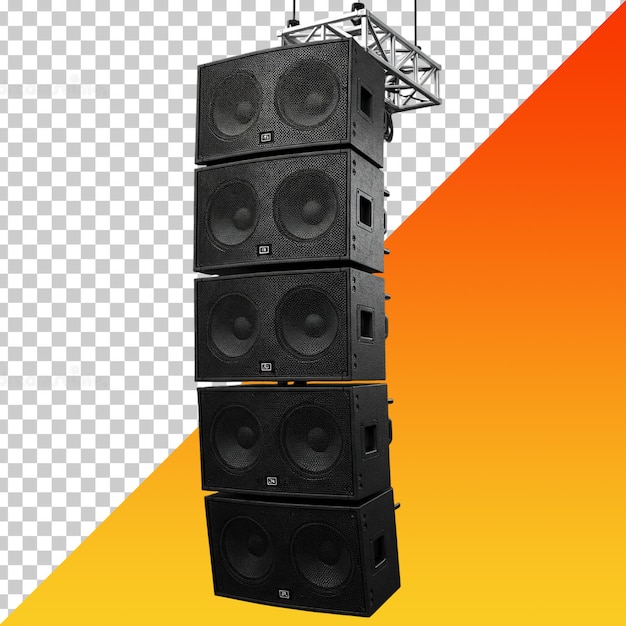 Gestapelde luidsprekers hangen aan een truss klaar voor een concert