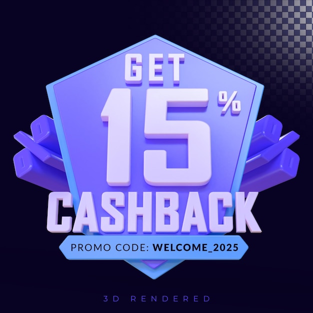 PSD get 15 percent cashback 3d rendering isolated badge with alpha background