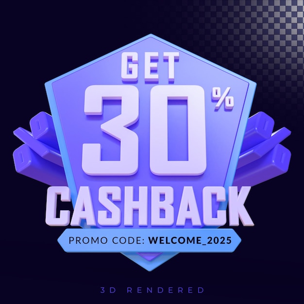PSD get 30 percent cashback 3d rendering isolated badge with alpha background