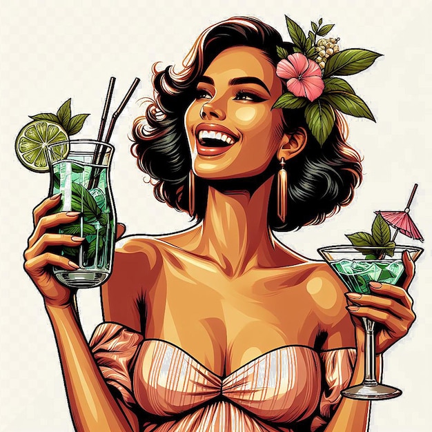 PSD getatoeëerde schoonheid met een mojito cocktail glimlachend lui bij het zwembad vector kunst illustratie gezicht png