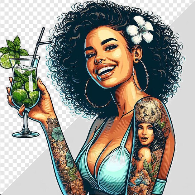 PSD getatoeëerde schoonheid met een mojito cocktail glimlachend lui bij het zwembad vector kunst illustratie gezicht png