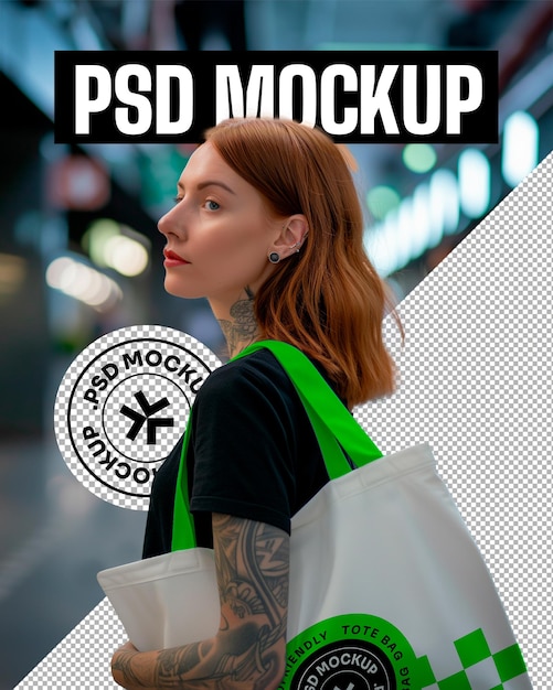 PSD getatoeëerde vrouw die een tas draagt stedelijke mockup