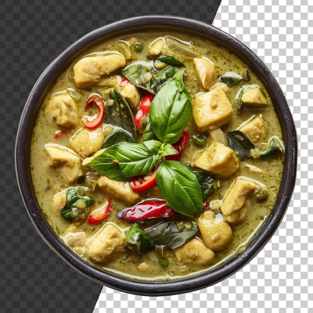 PSD geurige groene curry met kip en thaise basilicum in een schaal op een doorzichtige achtergrond