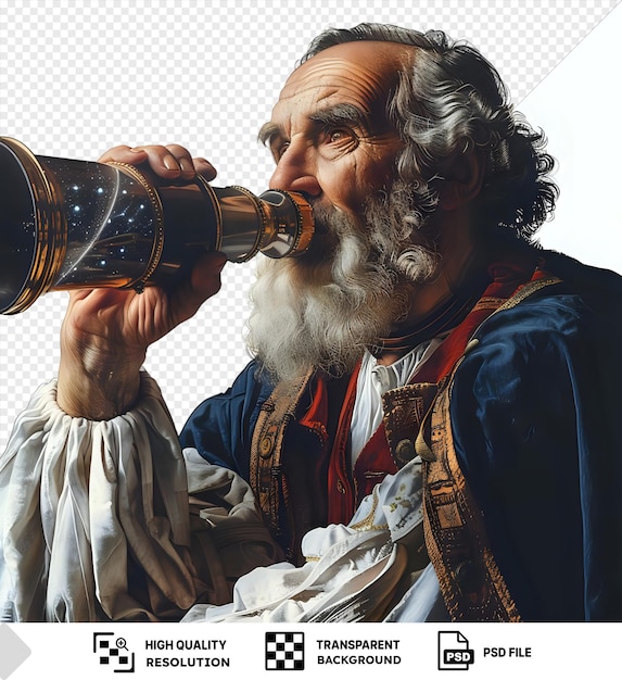 PSD geweldig galileo galilei de astronoom observeert de sterren door zijn telescoop zoals vastgelegd in deze afbeelding met een man met een grijze baard en haar die een zwarte fles in zijn hand houdt