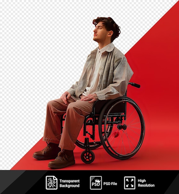 PSD geweldige sociale kwesties man in een zwarte rolstoel poseert voor een foto voor een rode muur met een grijs shirt en bruine broek met bruin haar en een hand zichtbaar op de voorgrond png psd