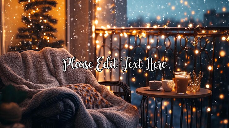 PSD gezellige balkon scène met sneeuwval kerstboom warme dranken en string lichten