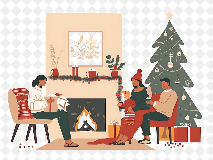 PSD gezellige kerst woonkamer met familie openingsgeschenken en illustratie kerstkunstontwerp