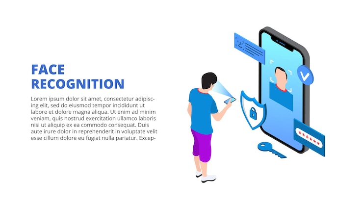 PSD gezichtsherkenning met telefoon en man isometrische illustratie