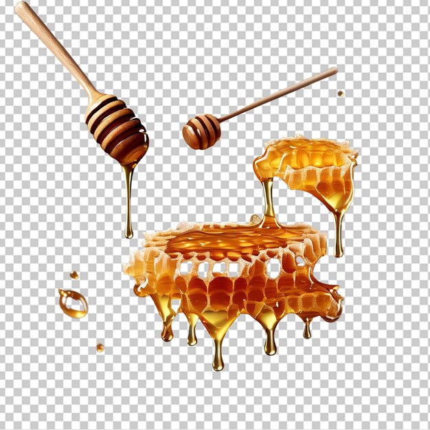 PSD gezonde biologische dikke honing die uit de houten honinglepel wordt gedompeld