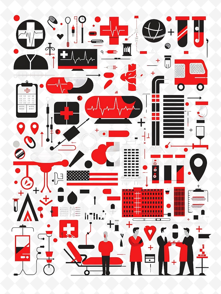 PSD gezondheidszorgomgeving met een ziekenhuis en medische professionals flat illustration poster design