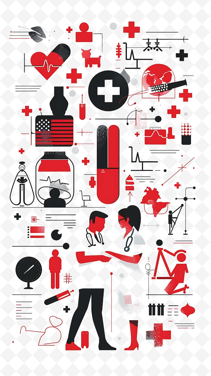 PSD gezondheidszorgomgeving met een ziekenhuis en medische professionals flat illustration poster design