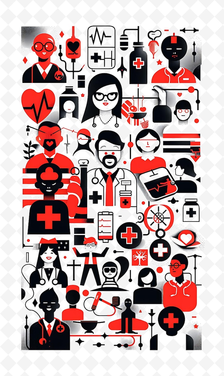 PSD gezondheidszorgomgeving met een ziekenhuis en medische professionals flat illustration poster design