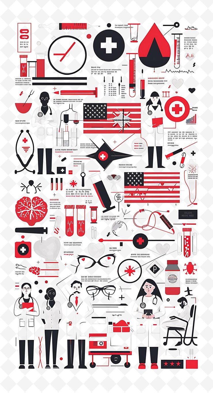 PSD gezondheidszorgomgeving met een ziekenhuis en medische professionals flat illustration poster design
