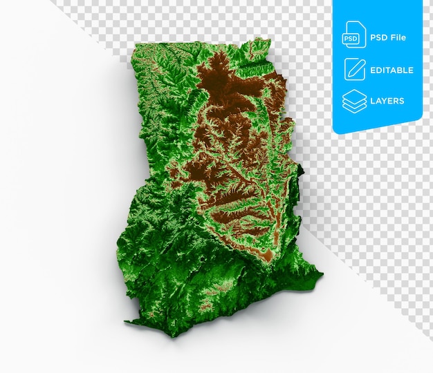 PSD 가나의 지형 지도 3d 현실적인 지도  바탕에 색상 3d 일러스트레이션