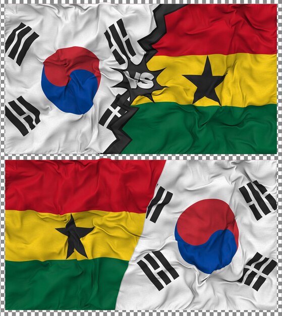 Ghana versus Zuid-Korea Half Combined Flag Cloth Bump Texture 3D Rendering