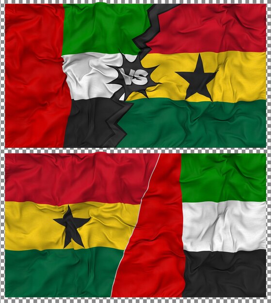 Ghana vs Zjednoczone Emiraty Arabskie Półkombinowana Flaga Cloth Bump Texture Rendering 3D